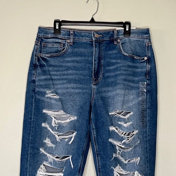 American Eagle Womens Blue Ripped Mom Jeans SIze 14 Stretch Distressed Denim - Picture 3 of 13